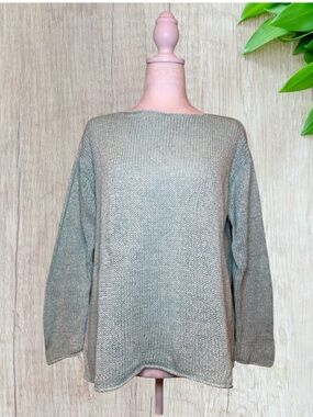 Eileen Fisher Linen Cotton Open Knit Boxy Sweater Pale Aqua Mint Top Large